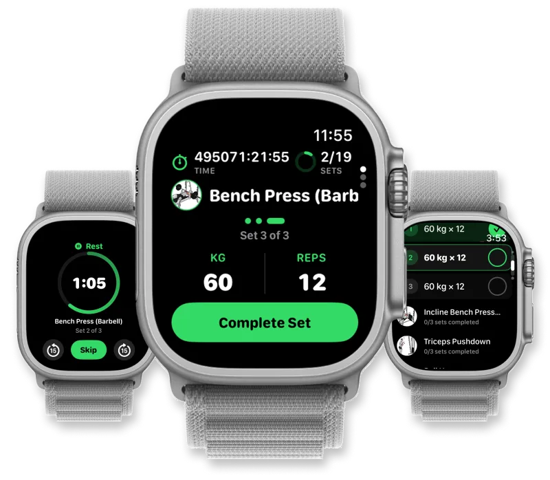 App Push Workouts en Apple Watch mostrando seguimiento de entrenamiento con series, repeticiones y peso en watchOS
